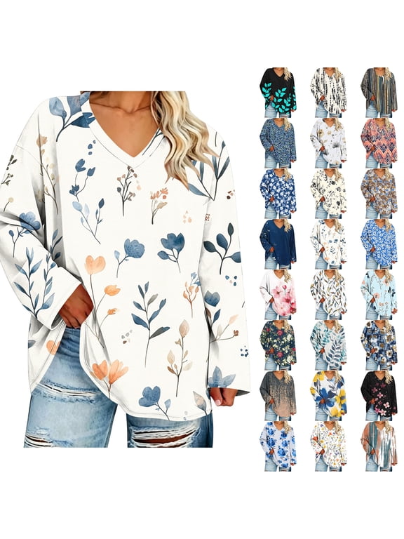 Long Sleeve Shirts for Women Sawvnm Women Fashion Plus-Size V-Neck Long Sleeved Printing Top 2XL