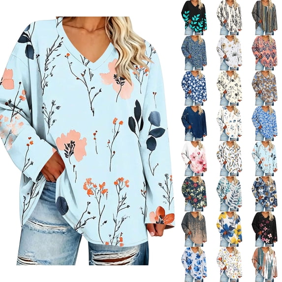Long Sleeve Shirts for Women Sawvnm Women Fashion Plus-Size V-Neck Long Sleeved Printing Top 2XL