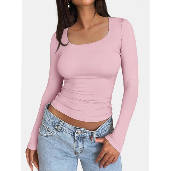 Long Sleeve Shirts for Women Scoop Neck Baselayer Casual Tops for Lady