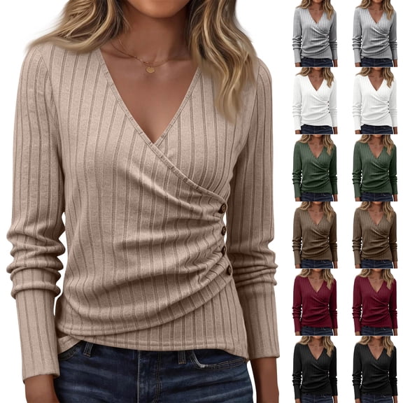 Long Sleeve Shirts for Women Sexy Sweater V Neck Ribbed Knit Slim Fit Wrap Top 2026 Fall Casual Fashion Clothes Gray XL