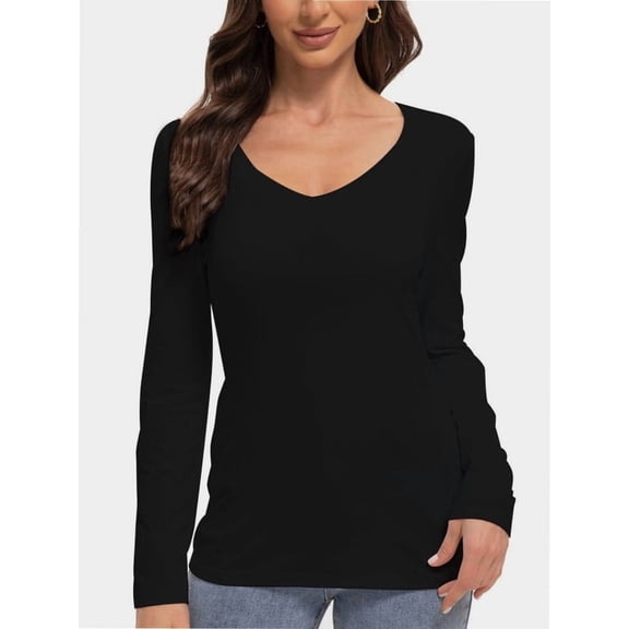 Long Sleeve Shirts for Women Sexy V Neck Tops Fitted Tight T Shirts Basic Tee