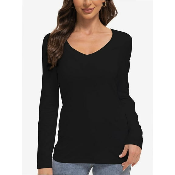 Women's Long Sleeve V-Neck T-Shirt - Fitted Basic Tee, Stretchy Sexy Tight Top, Solid Casual Shirt