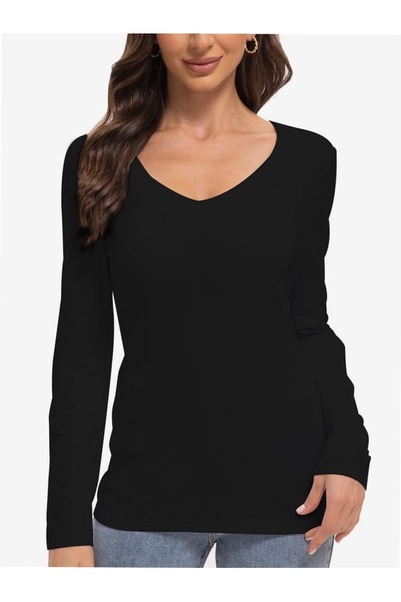 Women's Long Sleeve V-Neck T-Shirt - Fitted Basic Tee, Stretchy Sexy Tight Top, Solid Casual Shirt