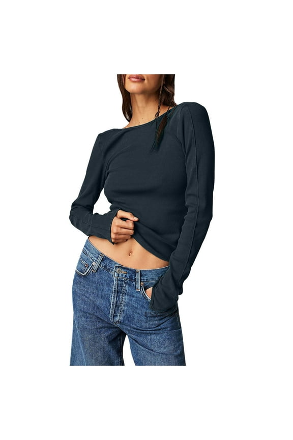 Long Sleeve Shirts for Women Slim Fit Mock Neck Pullover Underscrubs Basic Solid Undershirts Backless Ribbed T Shirts