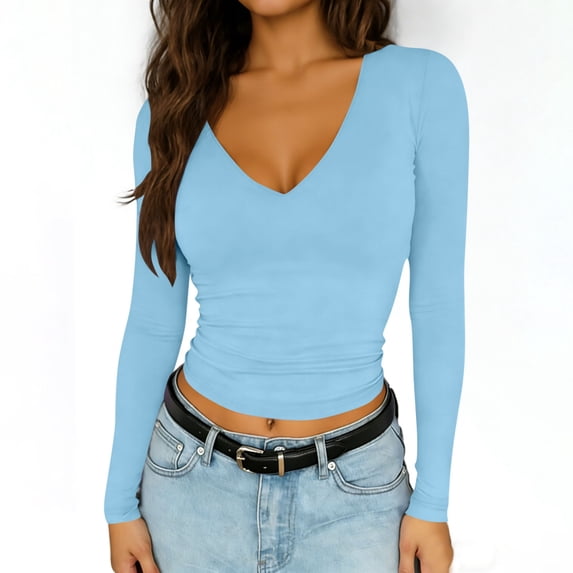 Long Sleeve Shirts for Women Slim Fitting V Neck Basic Cropped Tops Stretchy Pullover Workout Casual Tops Blue XXL