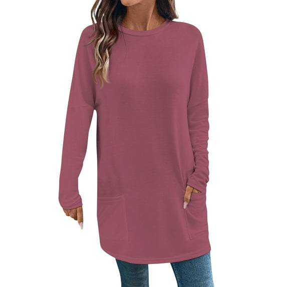 Long Sleeve Shirts for Women Soft O-Neck Long Sleeve Loose Fit Solid Long Sleeve Shirt with 2 Pockets Wine Size XL