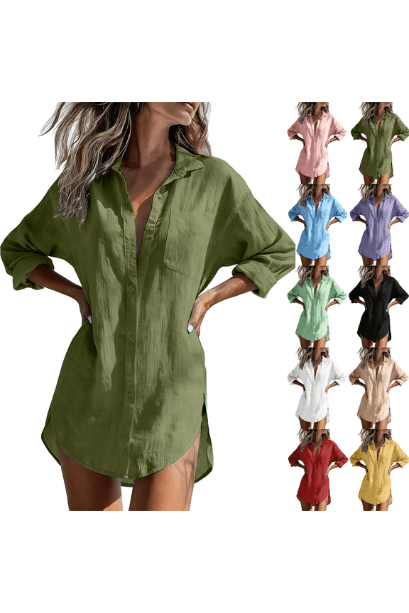 Long Sleeve Shirts for Women Solid Color Button Down Collared Blouses Cotton Casual Oversized Summer Long Tops,Sizes S-2XL