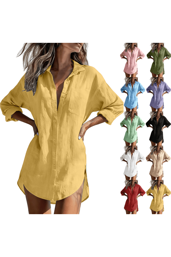 Long Sleeve Shirts for Women Solid Color Button Down Collared Blouses Cotton Casual Oversized Summer Long Tops,Sizes S-2XL