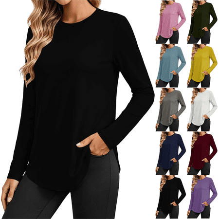 Lenago Long Sleeve Shirts for Women Solid Color Crewneck Casual Loose Base Tees Lounge Everyday Layering Tops,Sizes S-2XL