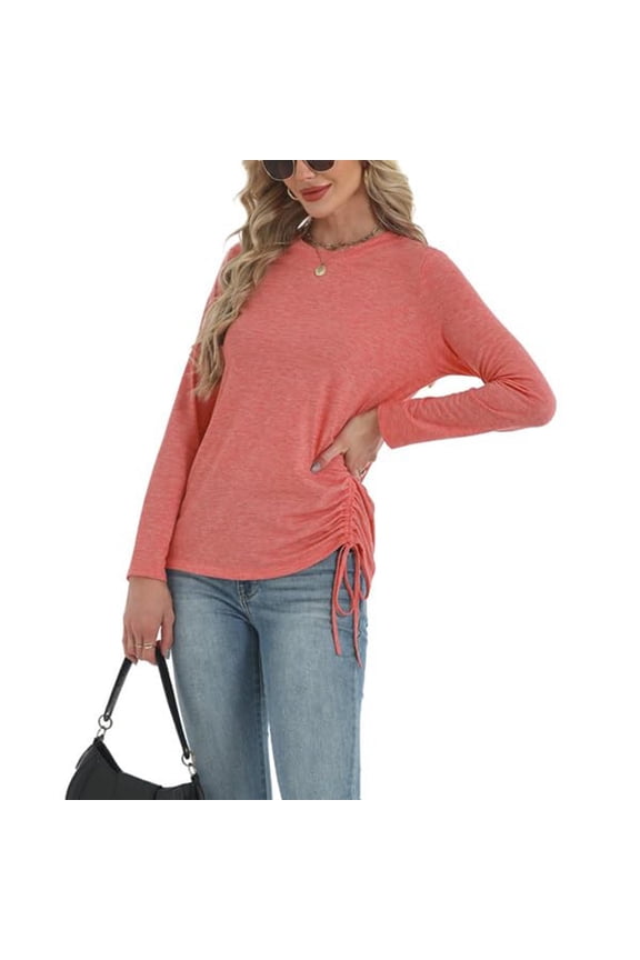 Long Sleeve Shirts for Women Solid Color Round Neck Blouses Side Drawstring Design Shirt Soft Loose Pullover Tunic Tops