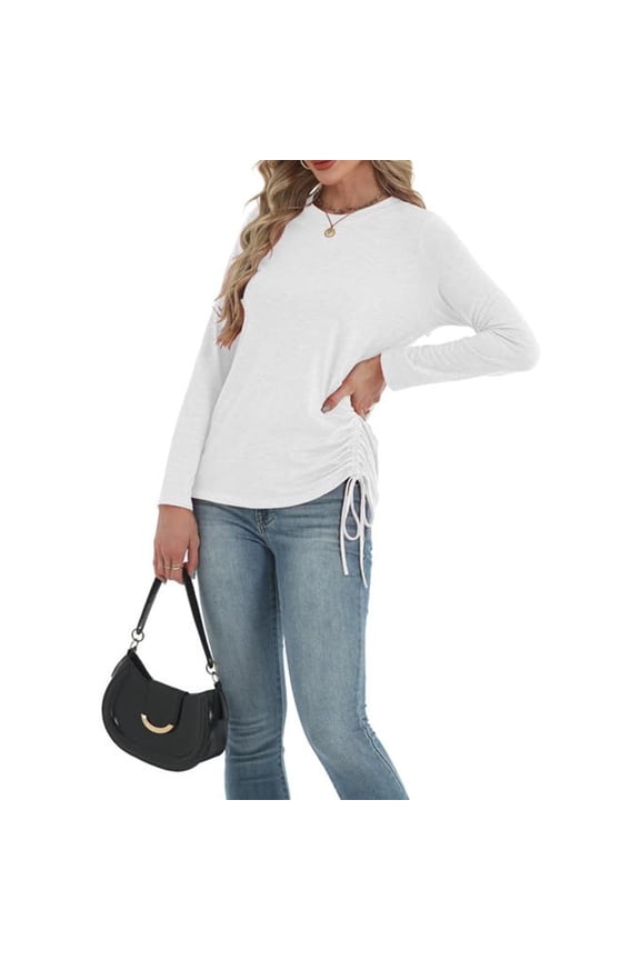 Long Sleeve Shirts for Women Solid Color Round Neck Blouses Side Drawstring Design Shirt Soft Loose Pullover Tunic Tops