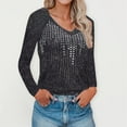 thumbnail image 1 of Long Sleeve Shirts for Women Solid Color V-Neck Blouses Casual Fall Tops Diamond-Studded Knitted Tunic Tees (Black S), 1 of 2