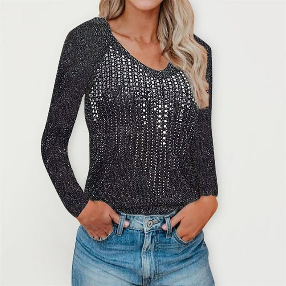 Long Sleeve Shirts for Women Solid Color V-Neck Blouses Casual Fall Tops Diamond-Studded Knitted Tunic Tees (Black S)