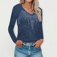 thumbnail image 1 of Long Sleeve Shirts for Women Solid Color V-Neck Blouses Casual Fall Tops Diamond-Studded Knitted Tunic Tees (Blue S), 1 of 5