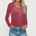 thumbnail image 1 of Long Sleeve Shirts for Women Solid Color V-Neck Blouses Casual Fall Tops Diamond-Studded Knitted Tunic Tees (Red XXL), 1 of 5