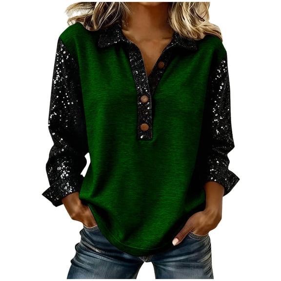 Long Sleeve Shirts for Women Spread Collar Sparkly Blouses with Button Casual Color Block Loose Fit Trendy Tops