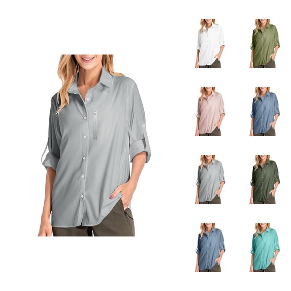 Long Sleeve Shirts for Women Spring Chiffon Roll Up Sleeve Button Down Lapel Collar Dressy Casual Office Work Blouse Tops