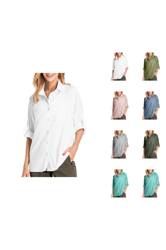 Long Sleeve Shirts for Women Spring Chiffon Roll Up Sleeve Button Down Lapel Collar Dressy Casual Office Work Blouse Tops