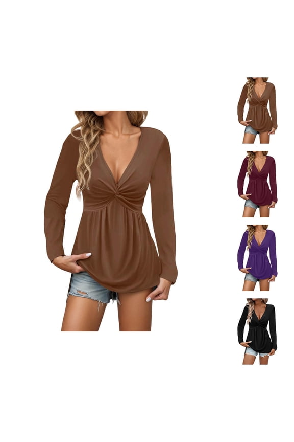 Long Sleeve Shirts for Women Spring Fall Casual V Neck Front Knot Wrap Tops Dressy Casual Blouse