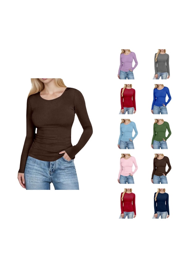 Long Sleeve Shirts for Women Spring Fall Slim Fit Ribbed Stretchy Crewneck Plain Basic Shirt Blouse Womens Undershirts