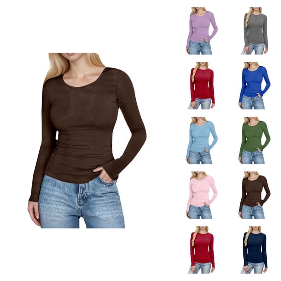 Long Sleeve Shirts for Women Spring Fall Slim Fit Ribbed Stretchy Crewneck Plain Basic Shirt Blouse Womens Undershirts