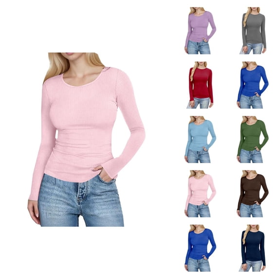 Long Sleeve Shirts for Women Spring Fall Slim Fit Ribbed Stretchy Crewneck Plain Basic Shirt Blouse Womens Undershirts
