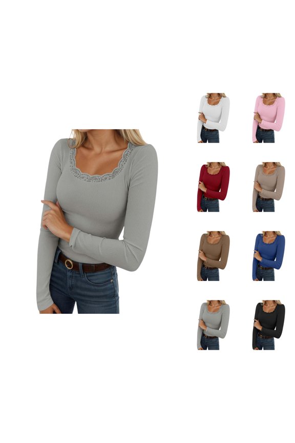 Long Sleeve Shirts for Women Spring Fall Square Neck Lace Neckline Slim Fit Ribbed Basic Plain Shirt Blouse Undershirts
