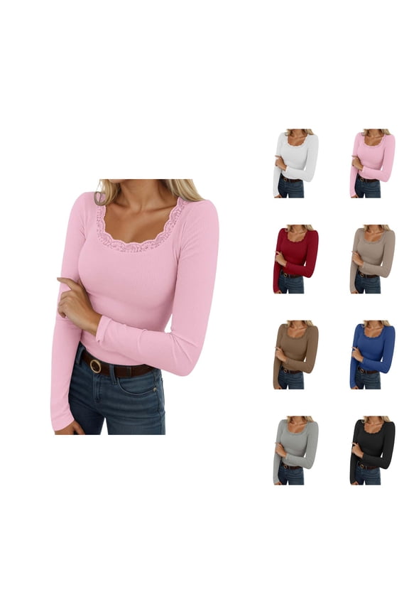 Womens Undershirts Long Sleeve Ribbed Stretch Lace Square Neck Slim Fit Basic Shirt Spring Blouse