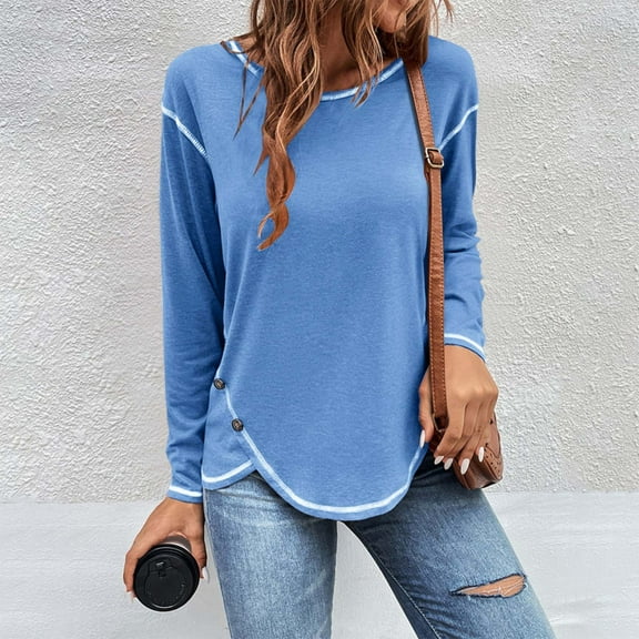 Long Sleeve Shirts for Women Summer Cotton and Linen Shirts for Women Round-Neck Long Sleeve Solid Patchwork Shirt Blouse