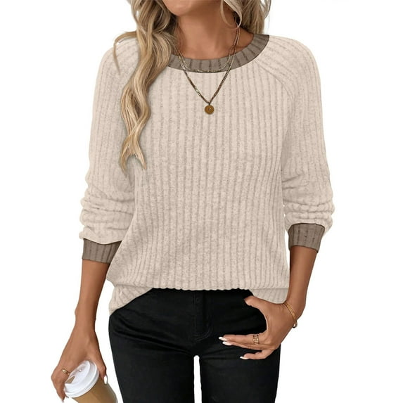 Long Sleeve Shirts for Women Sweaters Fall Outfits Color Block Winter Clothing Dressy Casual Soft Apricot XXL
