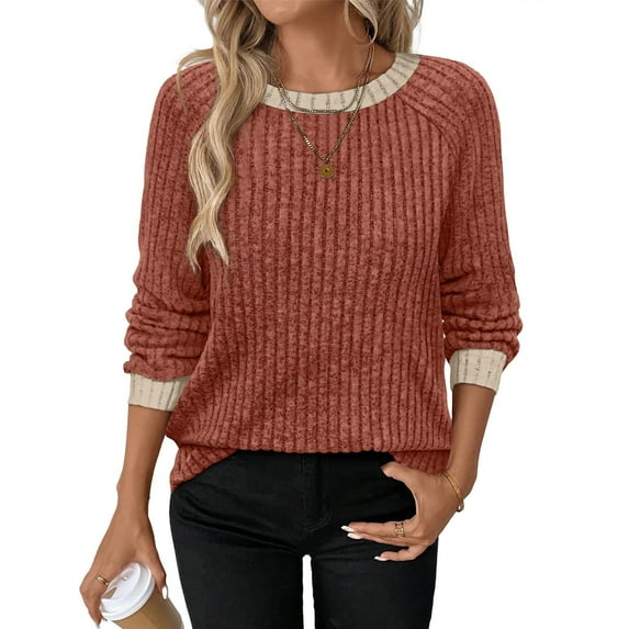 Long Sleeve Shirts for Women Sweaters Fall Outfits Color Block Winter Clothing Dressy Casual Soft Caramel Color XXL