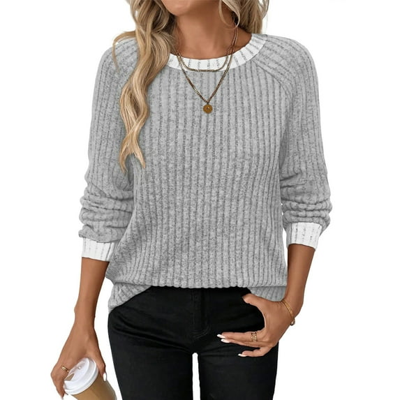 Long Sleeve Shirts for Women Sweaters Fall Outfits Color Block Winter Clothing Dressy Casual Soft Grey M