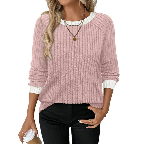 Long Sleeve Shirts for Women Sweaters Fall Outfits Color Block Winter Clothing Dressy Casual Soft Pink M