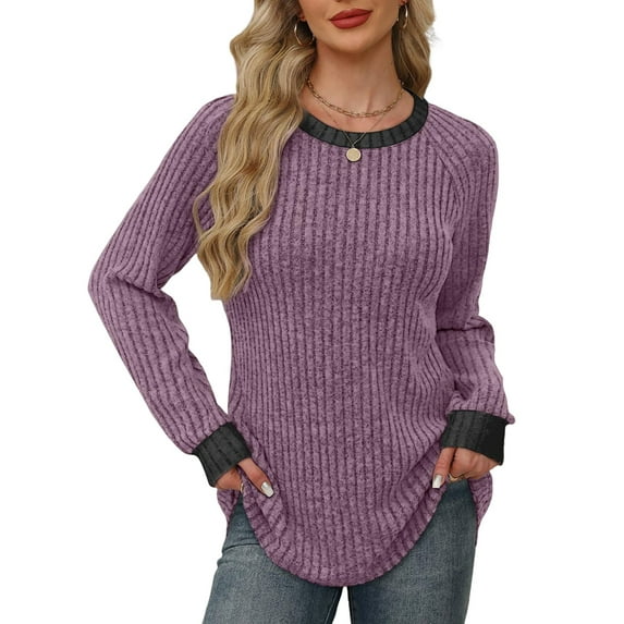 Long Sleeve Shirts for Women Sweaters Fall Outfits Color Block Winter Clothing Dressy Casual Soft Purple M