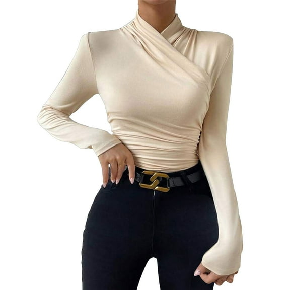Long Sleeve Shirts for Women T Shirts Fall Tops Autumn Winter With A Neckline Slim Fit Versatile Pleated Blouses Casual Beige L