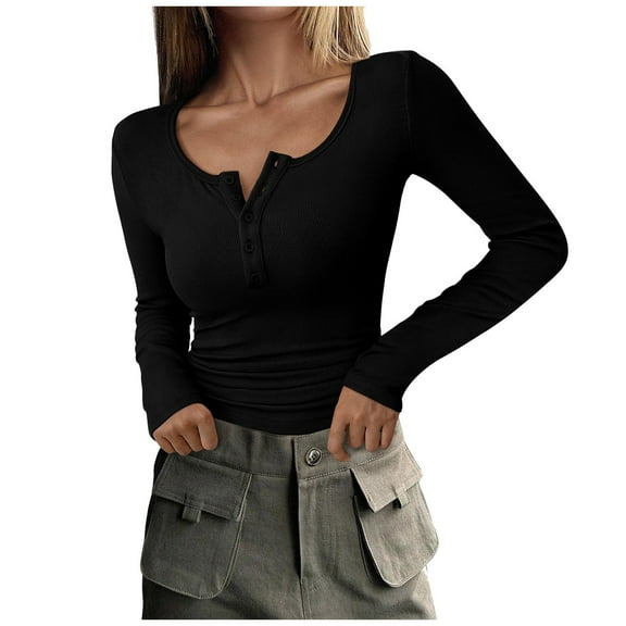 Long Sleeve Shirts for Women T Shirts Fall Tops Button Down Ribbed Knit Slim Fit Basic Blouses Casual Black S