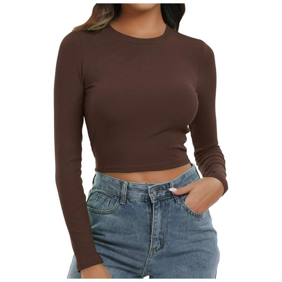 Long Sleeve Shirts for Women T Shirts Fall Tops Crewneck Knit Ribbed Fitted Crop Basic Work Blouses Dressy Casual Brown M