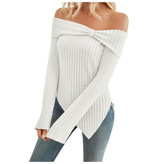 Long Sleeve Shirts for Women T Shirts Fall Tops Elegant White Off The Shoulder Sweater Sexy Design Knitted Work Blouses Dressy Casual White 2XL