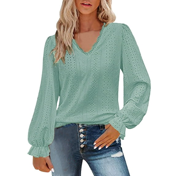 Long Sleeve Shirts for Women T Shirts Fall Tops Lace V Neck Puff Eyelet Cute Tee Shirts Green M