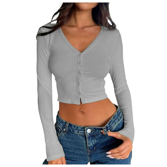 Long Sleeve Shirts for Women T Shirts Fall Tops Ribbed Button Cardigan Right Shoulder Blouses Dressy Casual Light Gray S