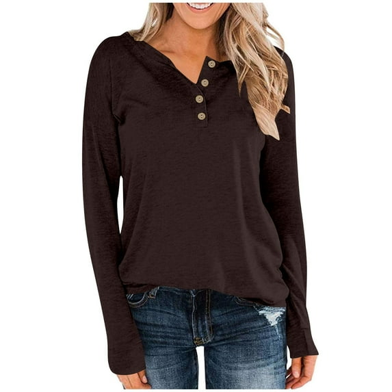 Long Sleeve Shirts for Women T Shirts Fall Tops Solid Color Button Cute Tee Shirts Brick Red L
