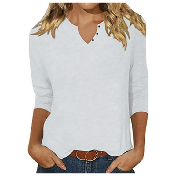 Long Sleeve Shirts for Women T Shirts Fall Tops Solid Color Fashion Button Fashion New Quarter Sleeve Short Blouses Business Casual White L