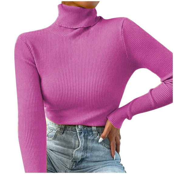 Long Sleeve Shirts for Women T Shirts Fall Tops Solid Color Turtleneck Bottom Sweater Pullover Knit Blouses Casual Hot Pink S
