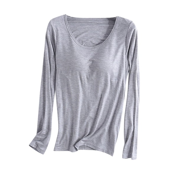 Long Sleeve Shirts for Women Tank Tops with Built in Bras Casual Crew Neck Solid Shirts Loose Fit Pajamas Fall Outfits for Women 2026