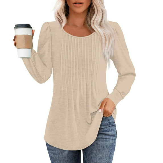 Long Sleeve Shirts for Women Tops Dressy Casual Blouses Pleated Scooped Neck Tunic Tops