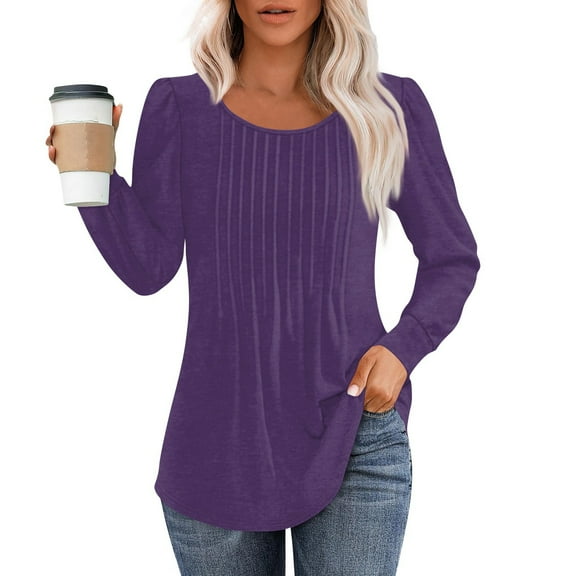 Long Sleeve Shirts for Women Tops Dressy Casual Blouses Pleated Scooped Neck Tunic Tops