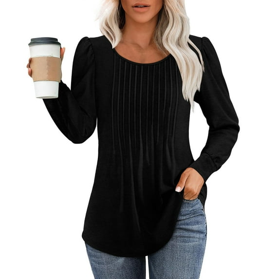 Long Sleeve Shirts for Women Tops Dressy Casual Blouses Pleated Scooped Neck Tunic Tops