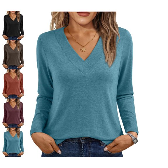 Long Sleeve Shirts for Women Tops V Neck Casual Top Comfortable Shirt Soft Basic Tees Women Blouses S Polyester