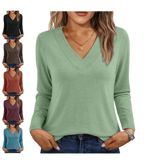Long Sleeve Shirts for Women Tops V Neck Casual Top Comfortable Shirt Soft Basic Tees Women Blouses XXL Polyester