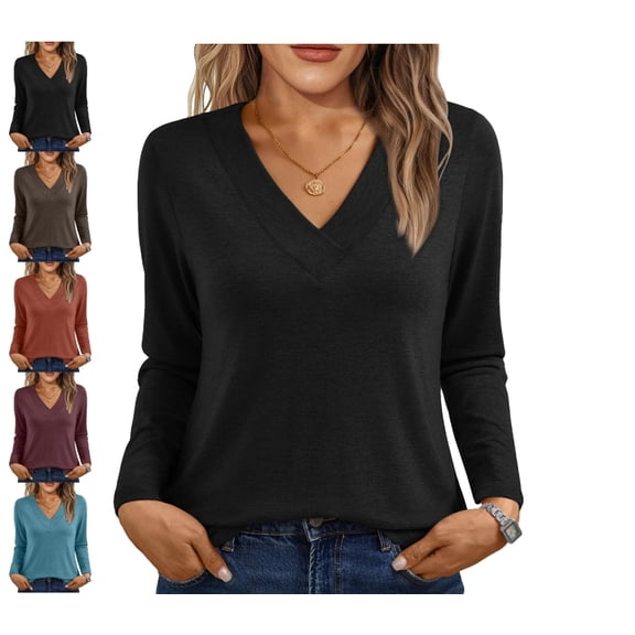 Long Sleeve Shirts for Women Tops V Neck Casual Top Comfortable Shirt Soft Basic Tees Women Blouses XXL Polyester